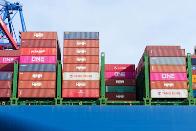 Shipping containers stacked on a cargo ship.