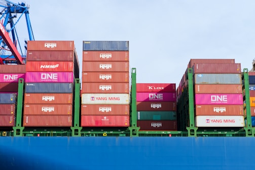 Shipping containers stacked on a cargo ship.