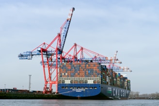 Cargo ship being loaded with containers at the port.