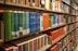 Bookshelves are filled with colorful books in a library.