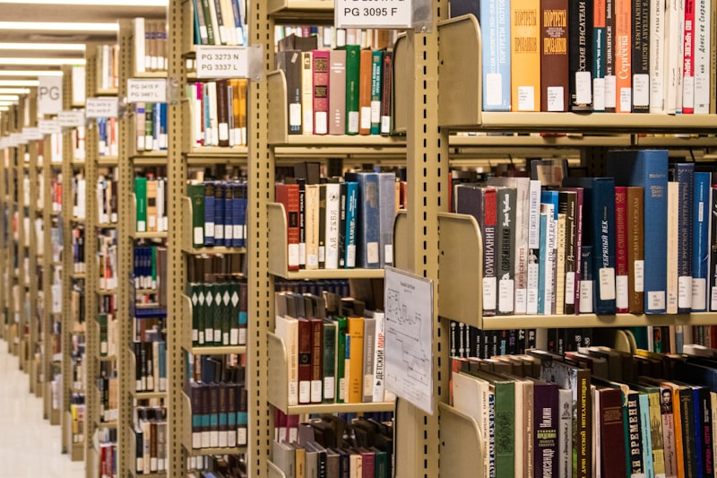 Alejka z regalami ksiazek w bibliotece