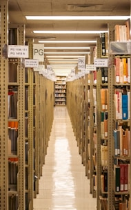 A long library aisle lined with books.
