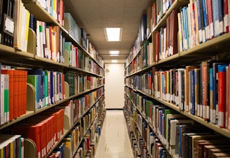 Rows of books fill a library aisle.