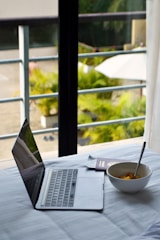 Laptop, breakfast, and a scenic view.