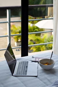 Laptop, breakfast, and a scenic view.