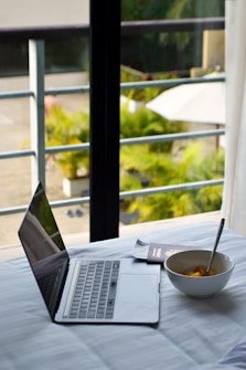 Laptop, breakfast, and a scenic view.