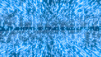 Blue glowing lines create a digital, futuristic pattern.