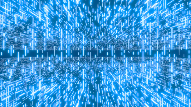 Blue glowing lines create a digital, futuristic pattern.