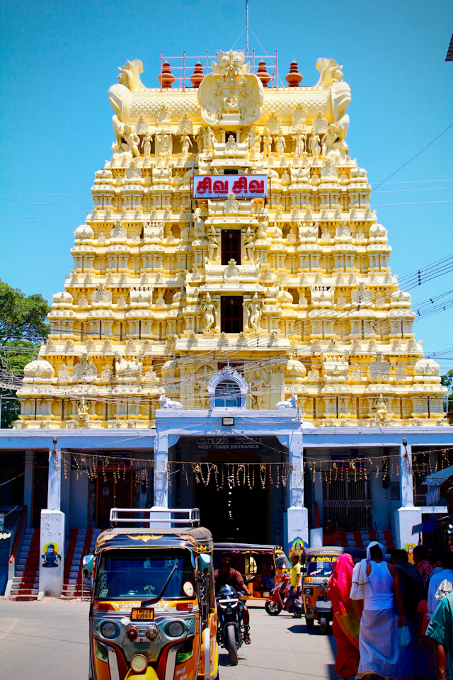 The gopuram of a temple at Rameswaram, Tamil Nadu