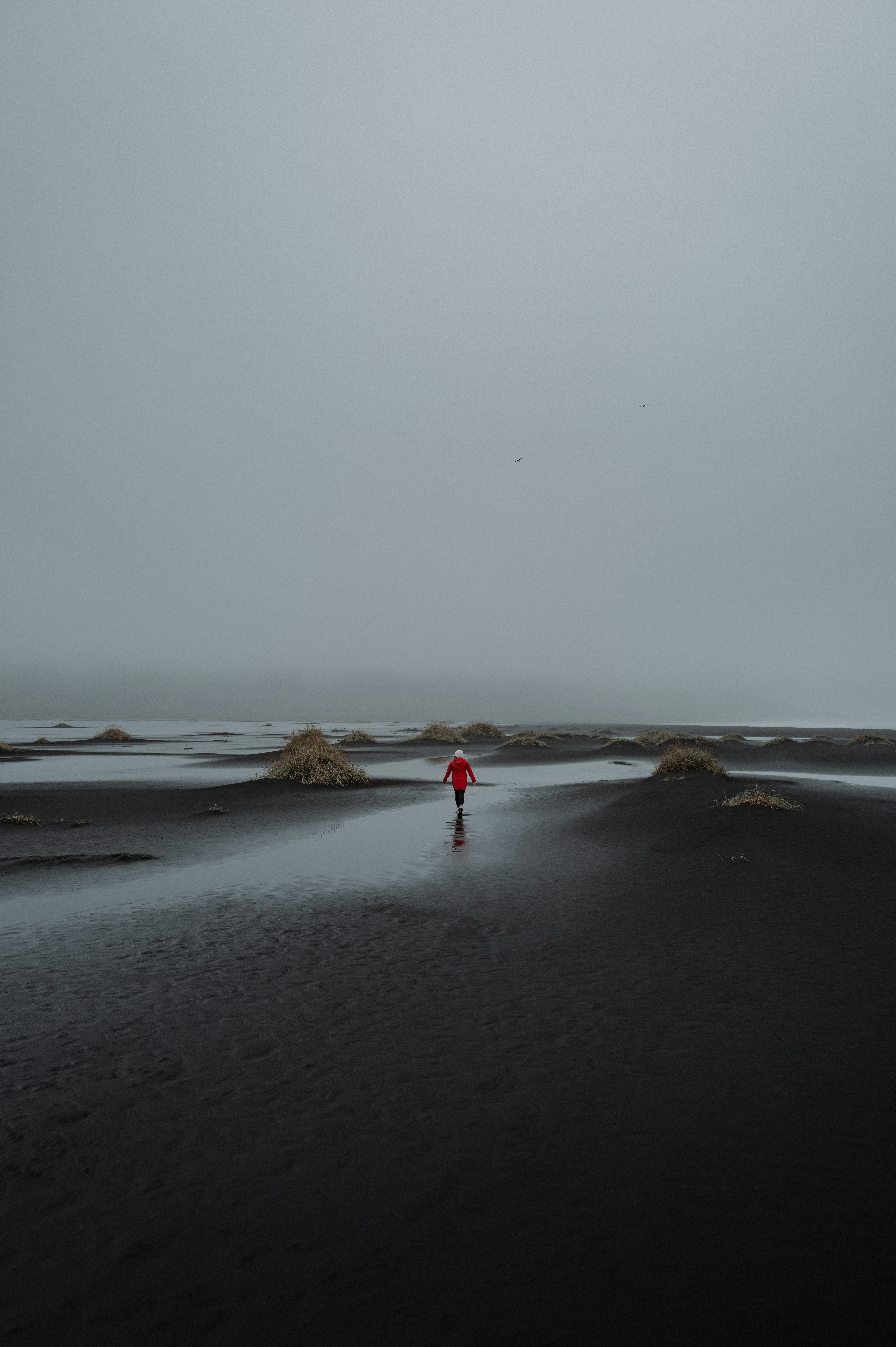 A person in red walks across a black landscape.