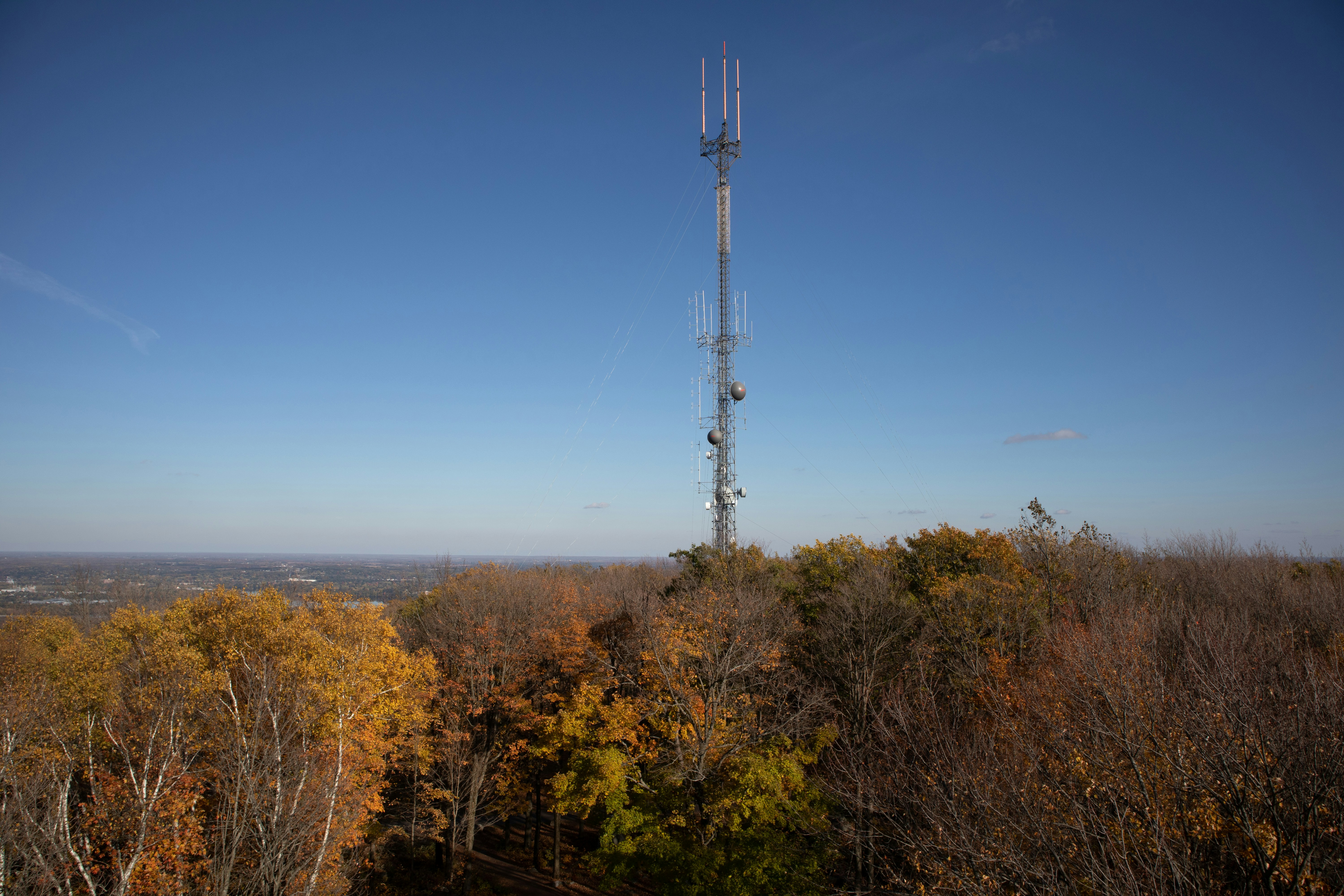 A tall cell tower stands on a wooded hilltop.