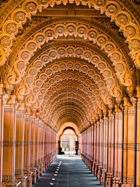 Intricate architectural detail in a long corridor.