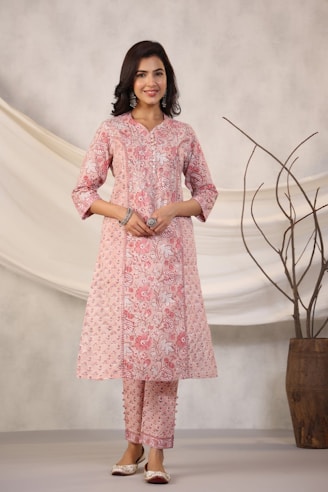 Woman poses in a pink floral kurta and pants.