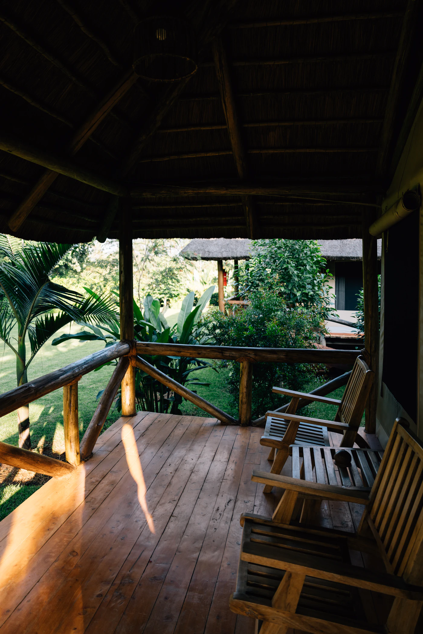 Lodge porch with quiet morning light