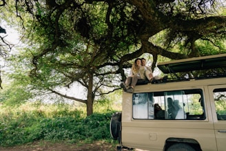 People are sitting on top of a safari vehicle.