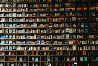 Books fill a wooden bookshelf.