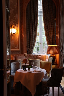 Elegant restaurant dining room with natural light.