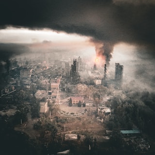 A devastated city burns under a smoky sky.