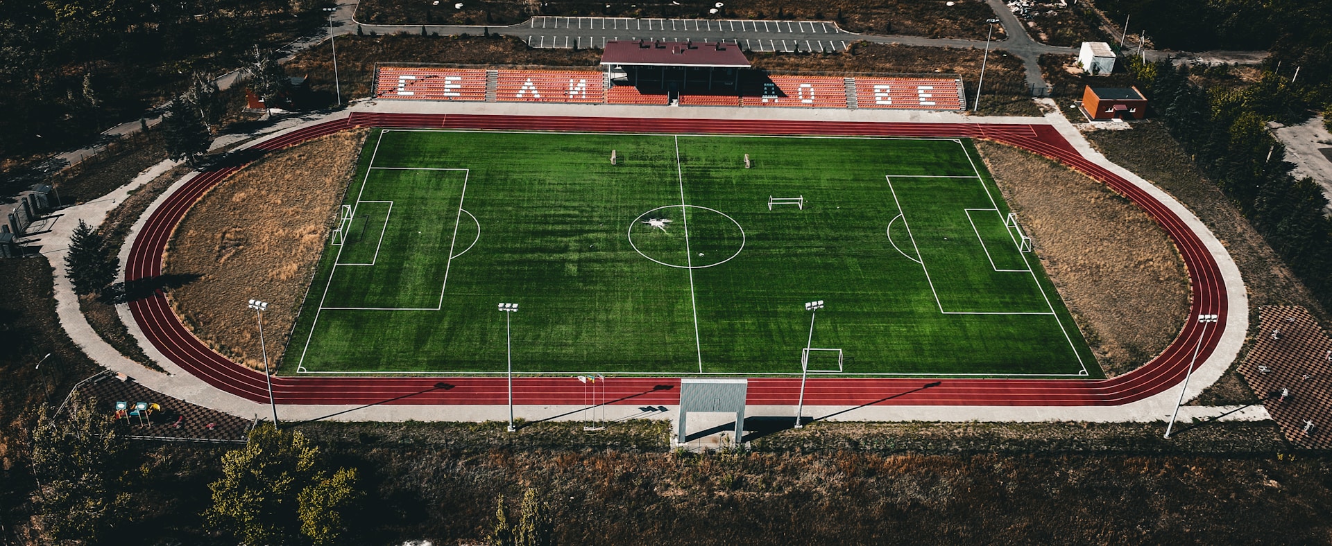 An aerial view of a football stadium.