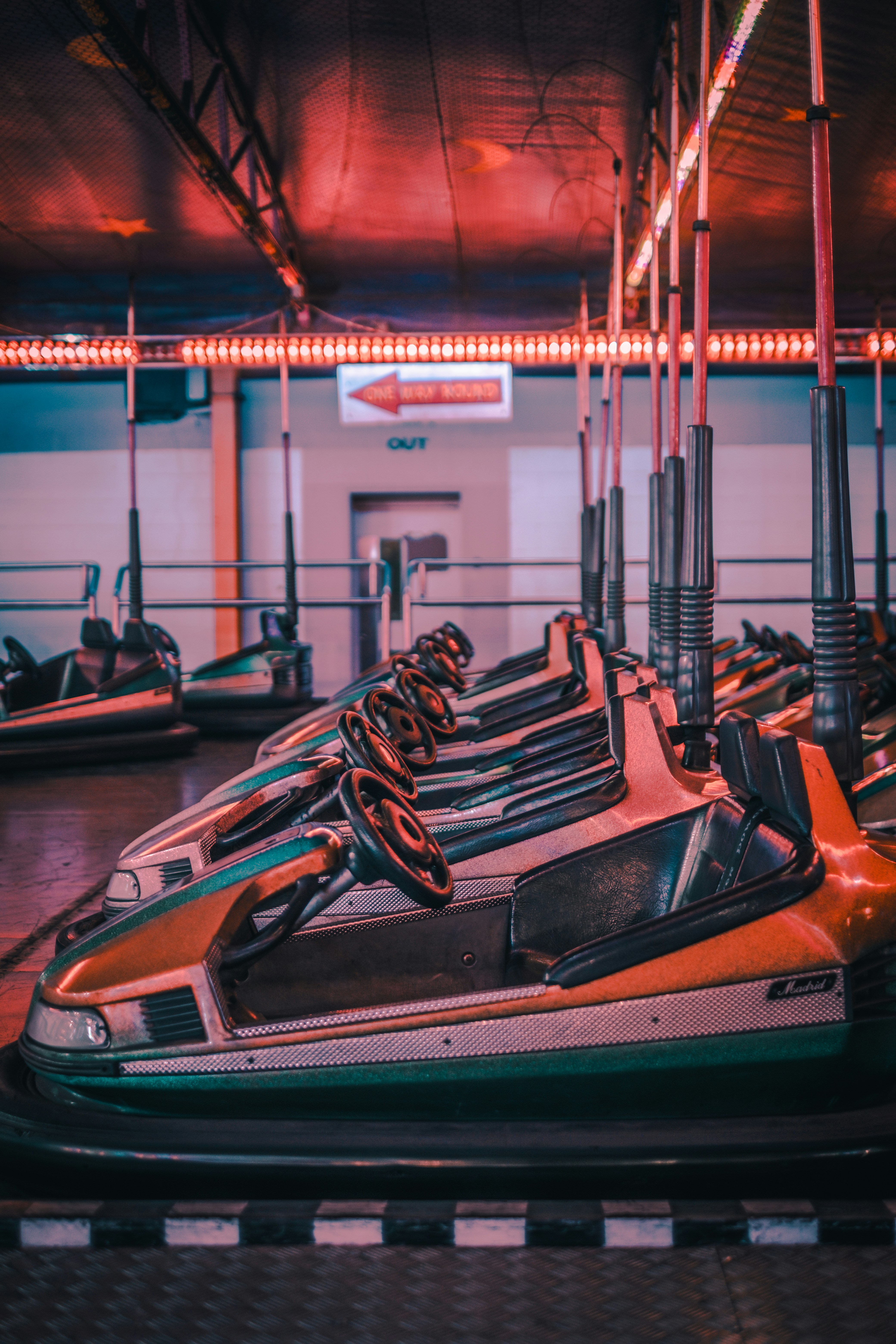 Bumper cars are lined up and ready to ride.