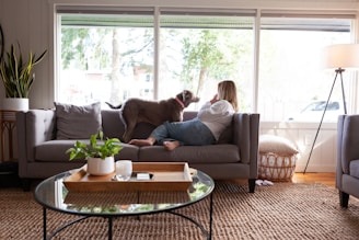Dog and woman are relaxing in a living room.