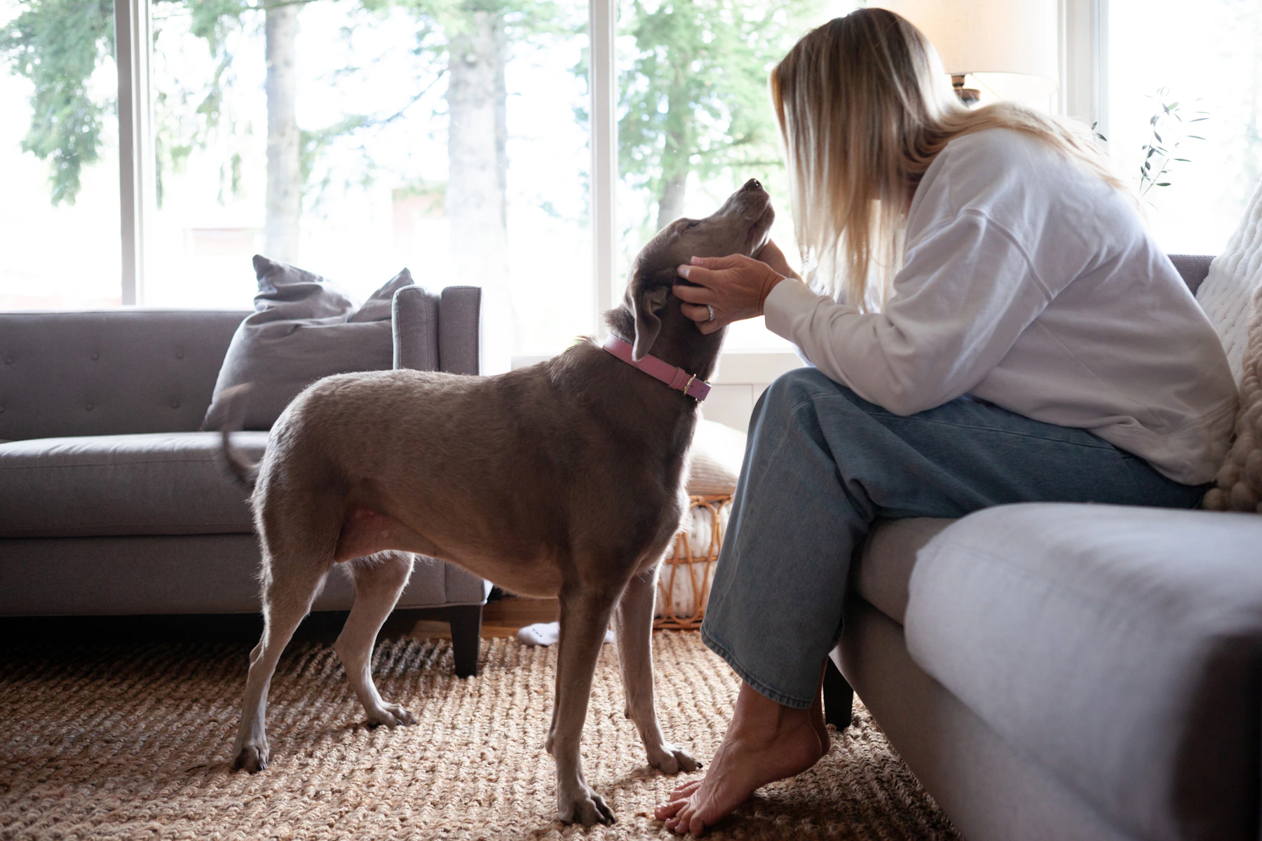 A pet parent sharing a quiet moment with her dog at home
