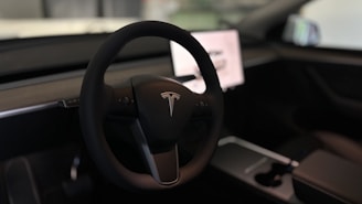 A tesla's steering wheel and interior.