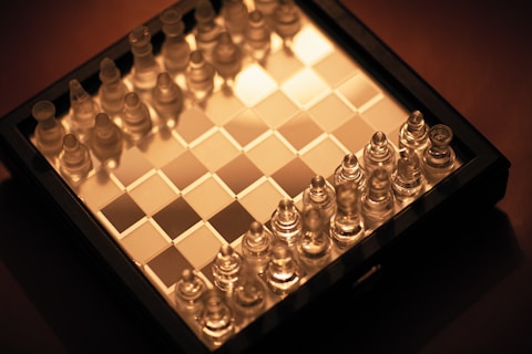 A chessboard set up ready for play.
