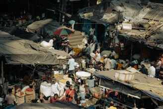 A crowded, bustling market scene.