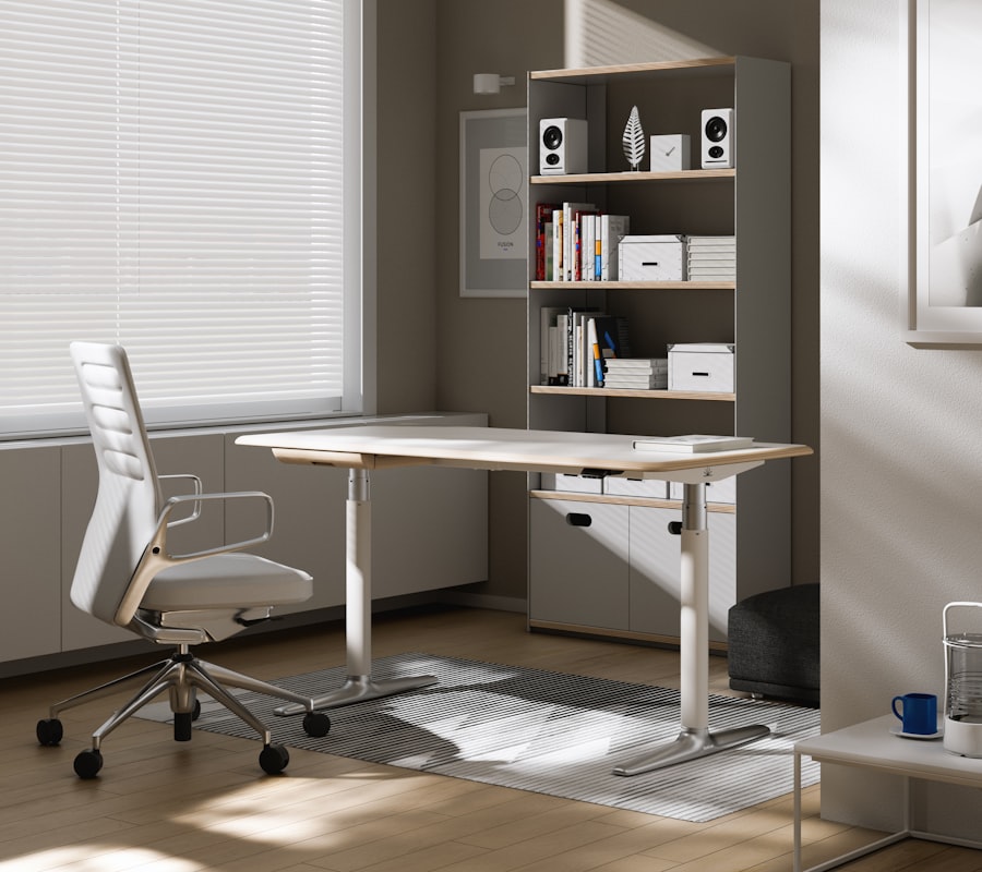 Modern home office with fitted desk and wall shelving