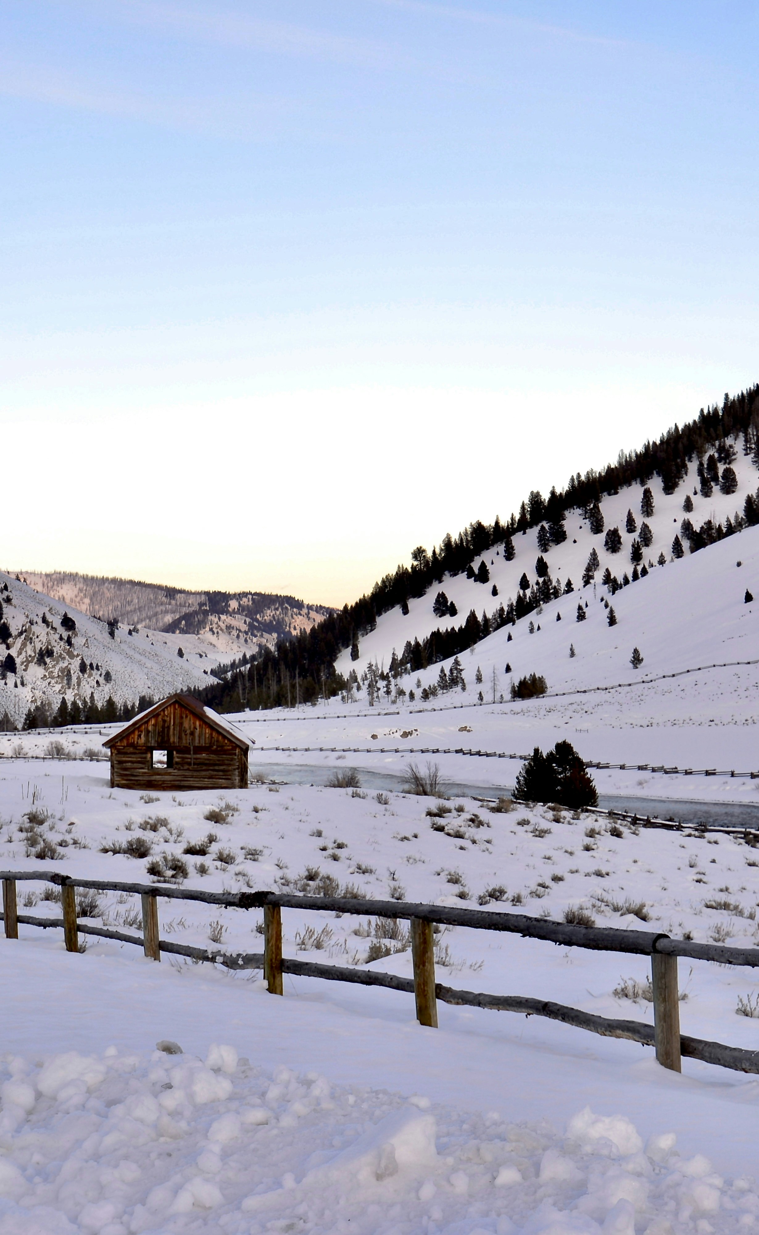 Snowy winter landscape featuring a rustic cabin. photo – Free House ...