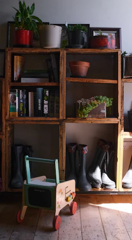 Wooden shelves filled with books, plants and boots.