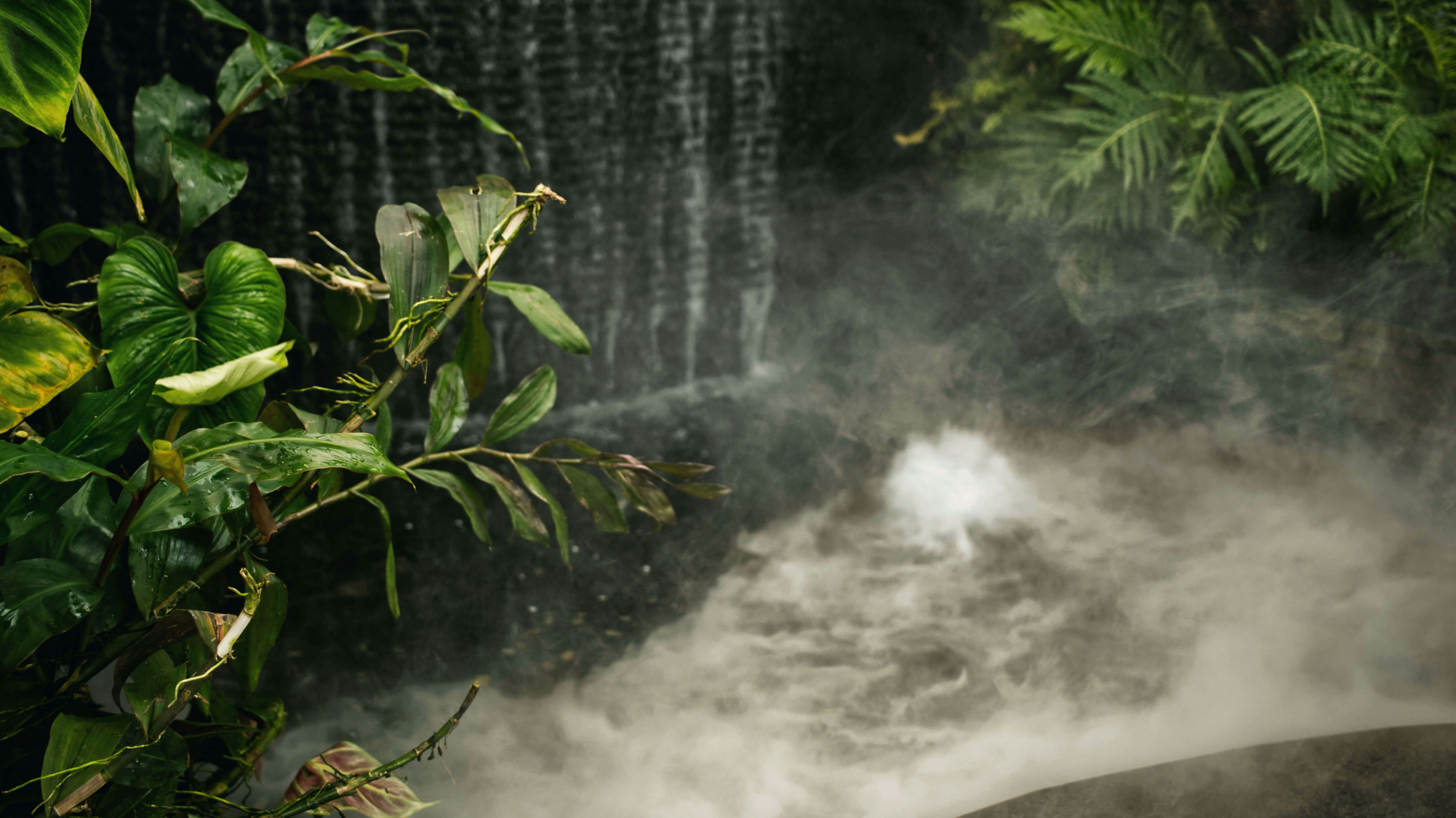 Waterfalls and lush greenery in a misty setting.