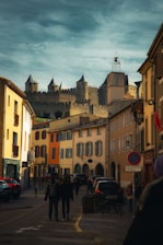 A street in front of a castle.
