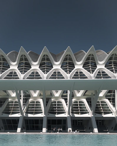 Modern architecture and a striking turquoise pool.