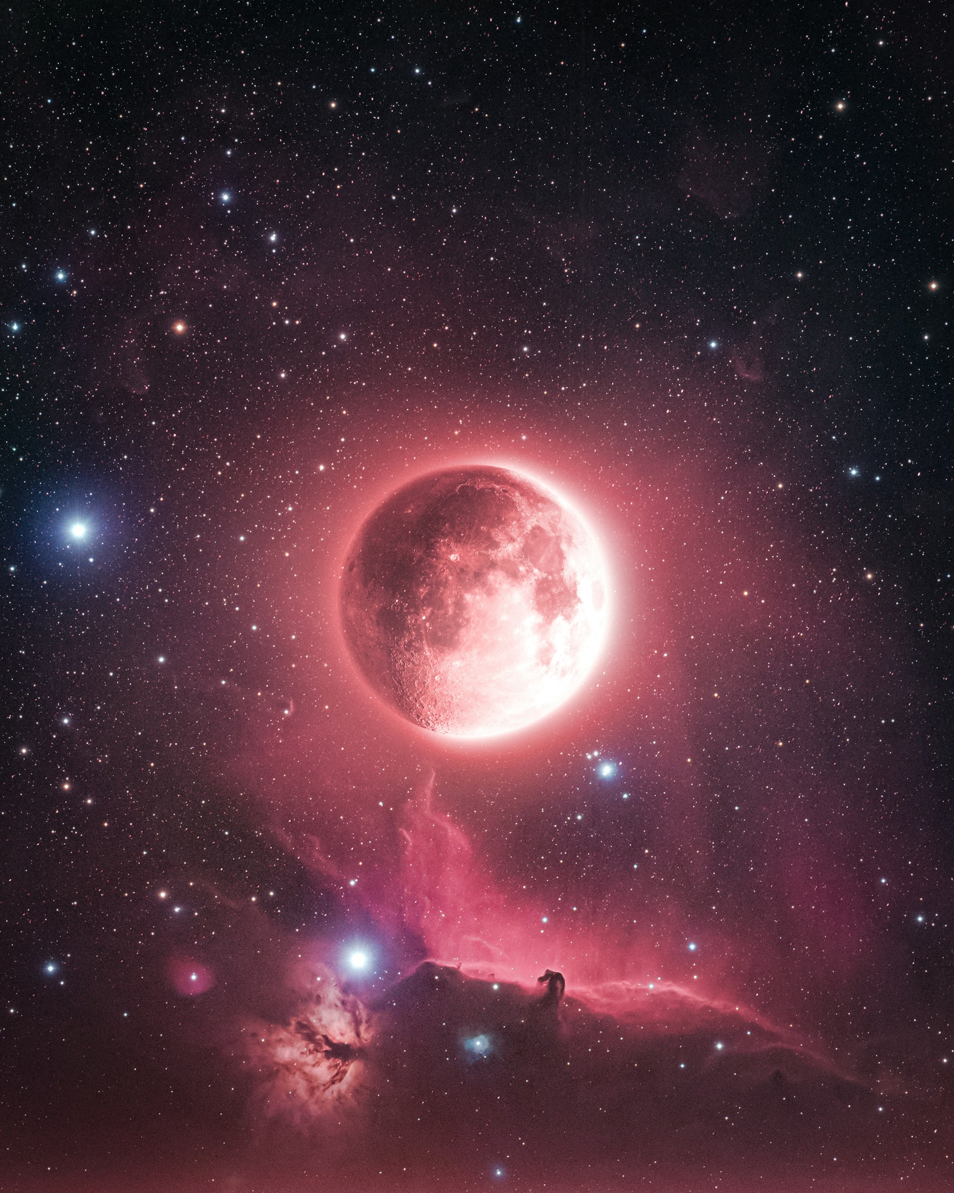 A red moon shines bright amidst the stars.