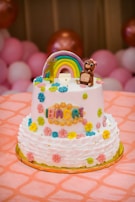 It's a colorful cake, decorated for a birthday.