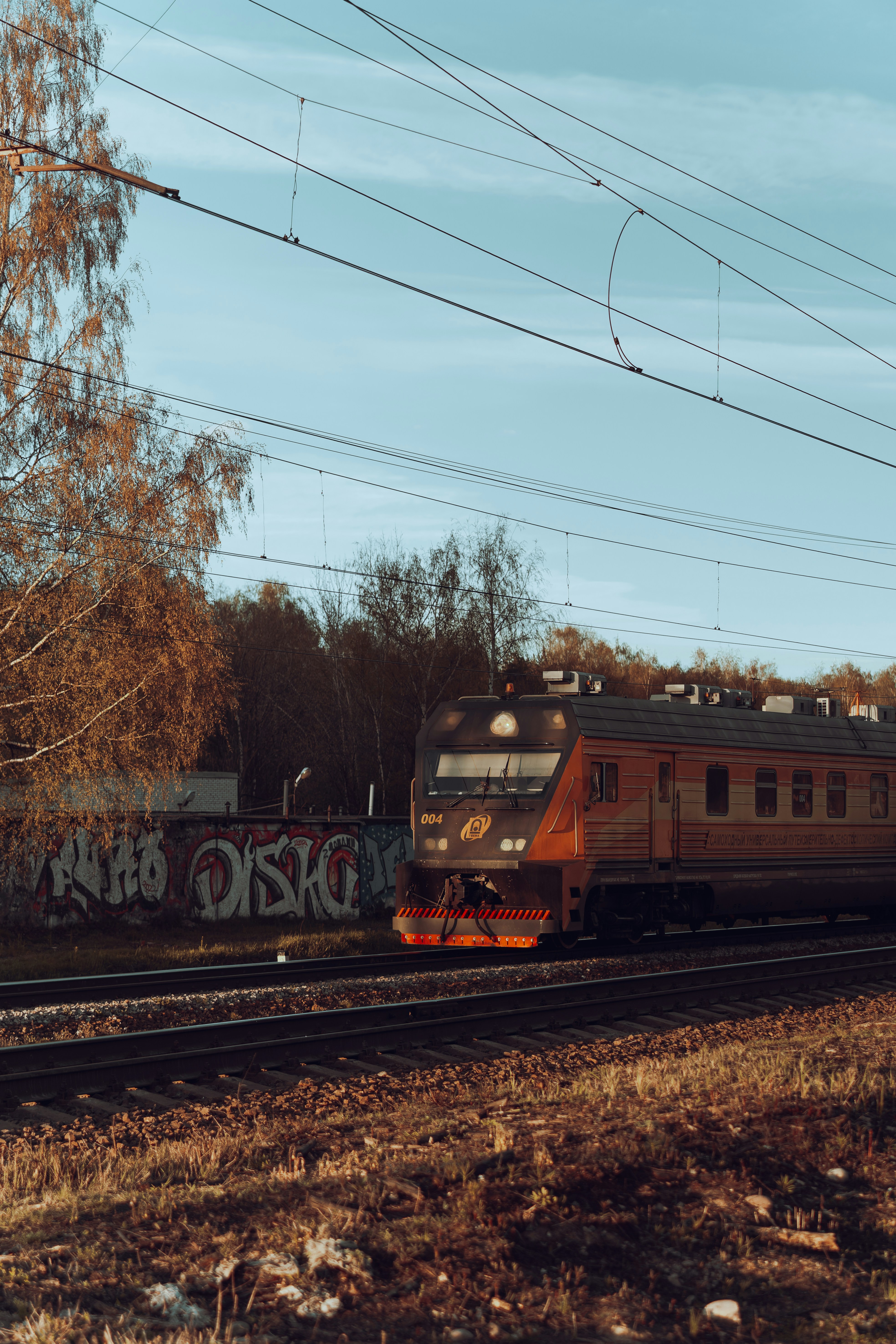 Train speeding down the tracks on a sunny day.