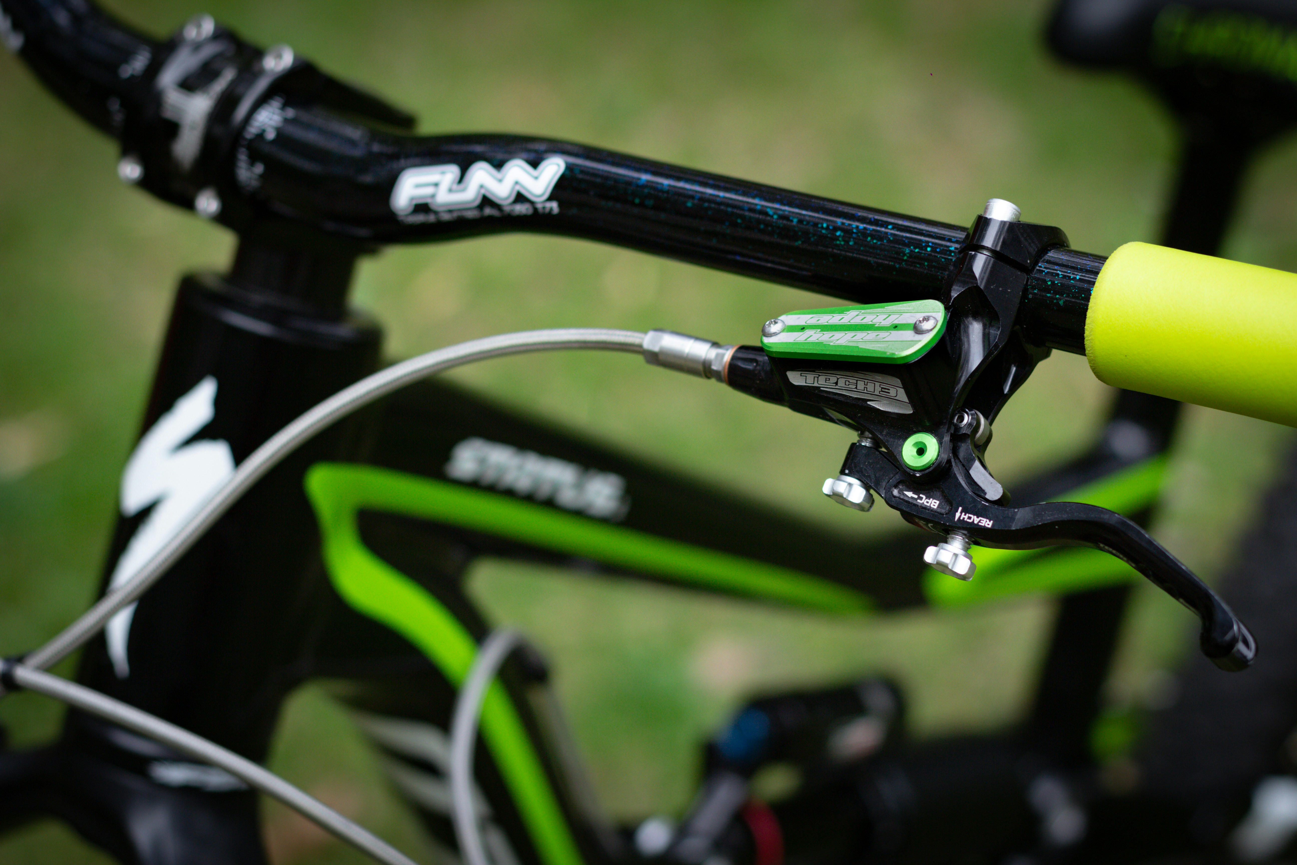 Mountain bike handlebar and brake detail.