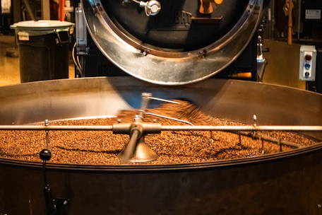 Roasting coffee beans in an industrial roaster.