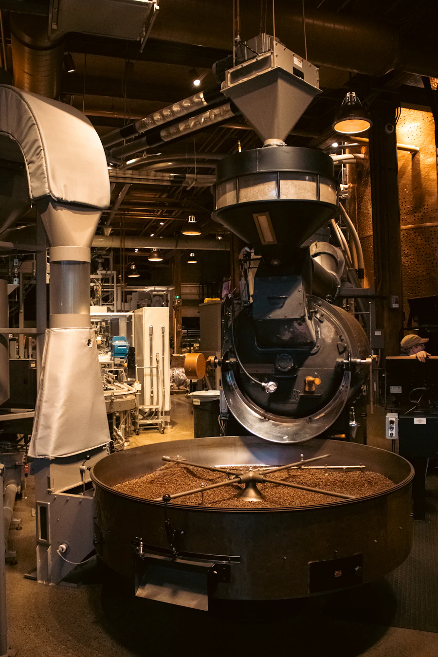 Beans tumbling in the cooling tray of a drum roaster
