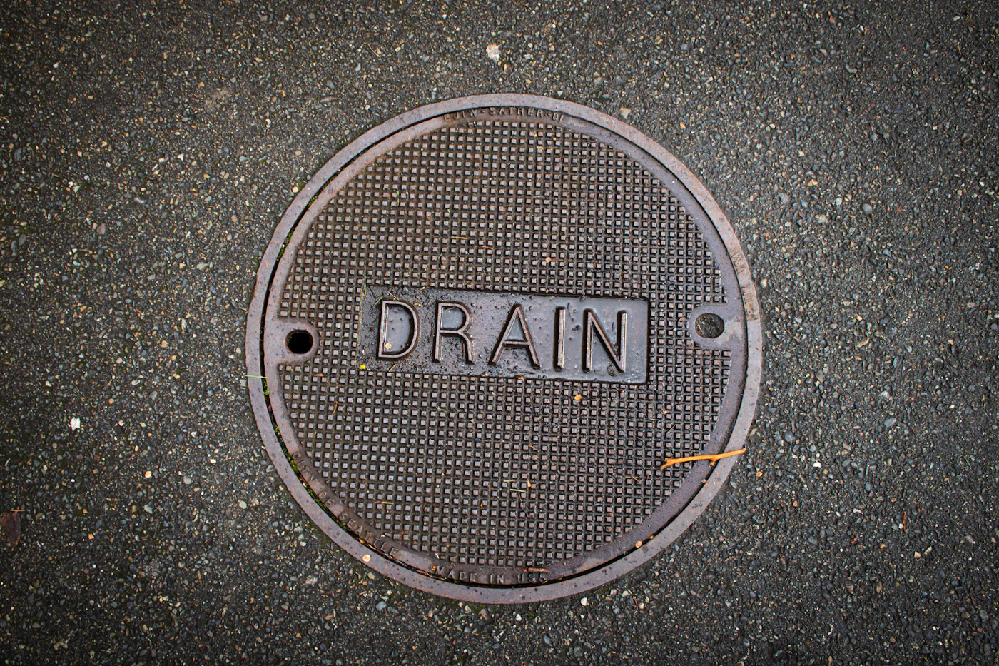 A round metal storm drain cover stamped with the word DRAIN