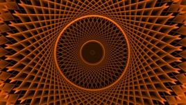 An orange spiral pattern creates an optical illusion.