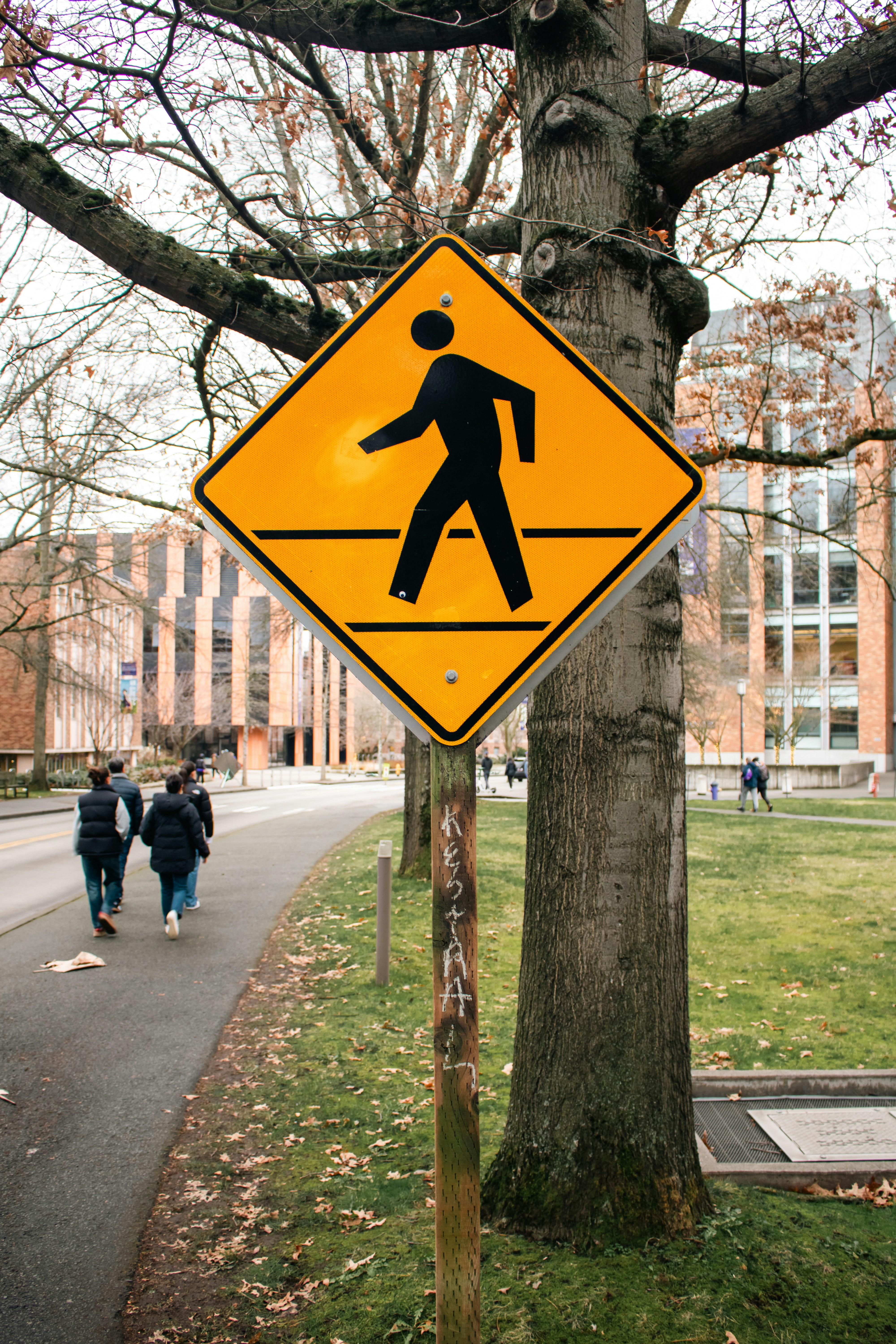 Pedestrian crossing sign with people walking nearby.
