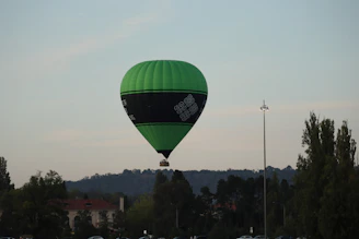 A green hot air balloon floats in the sky.