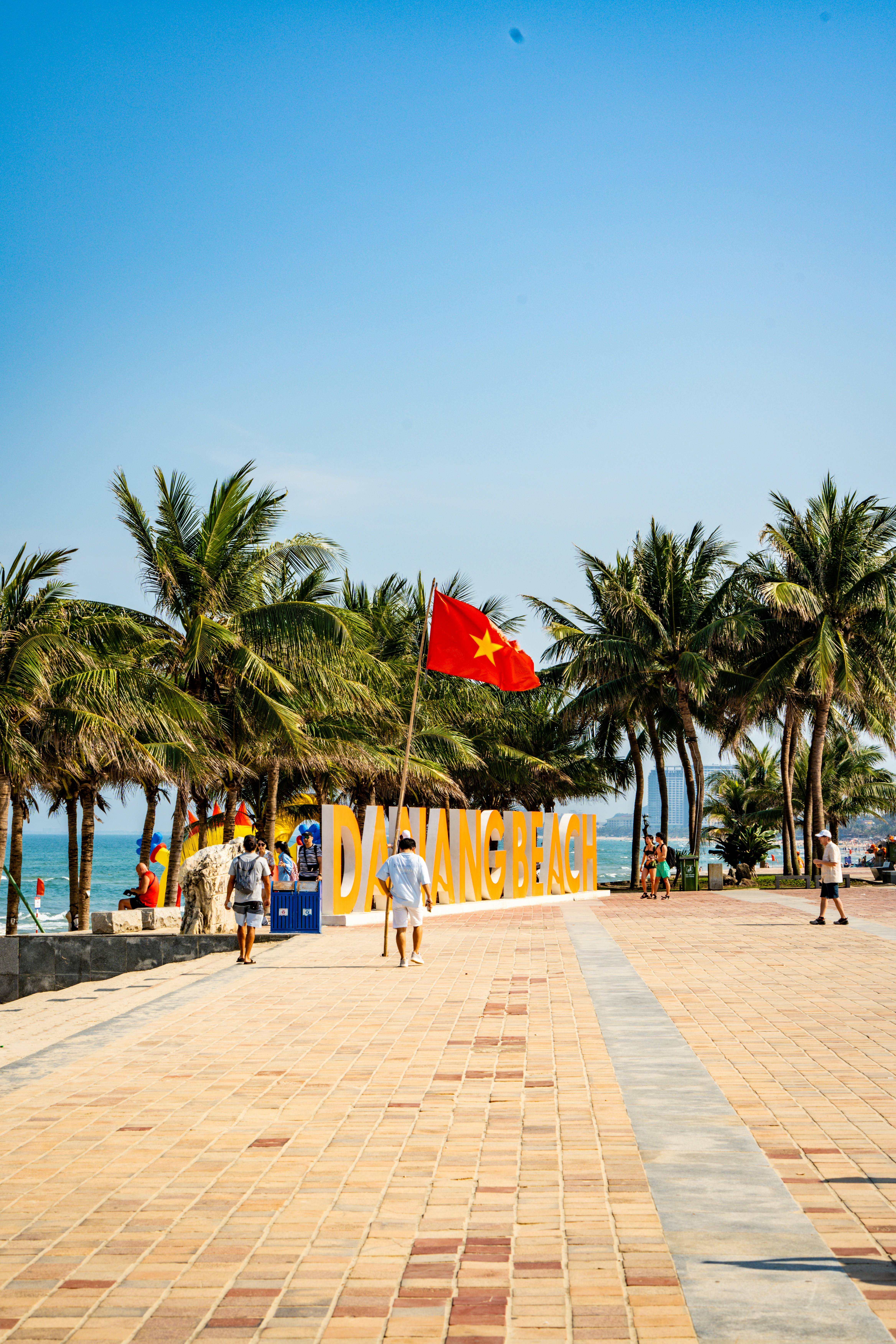 Danang beach with the vietnamese flag.