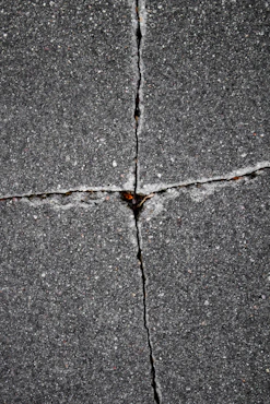 Cracked pavement forms a cross-like pattern.