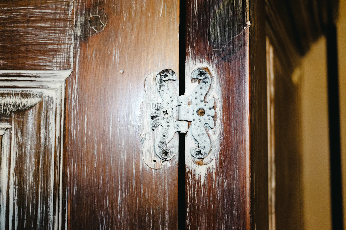 Cabinet hardware guide - decorative butterfly hinge mounted on stained wood cabinet doors