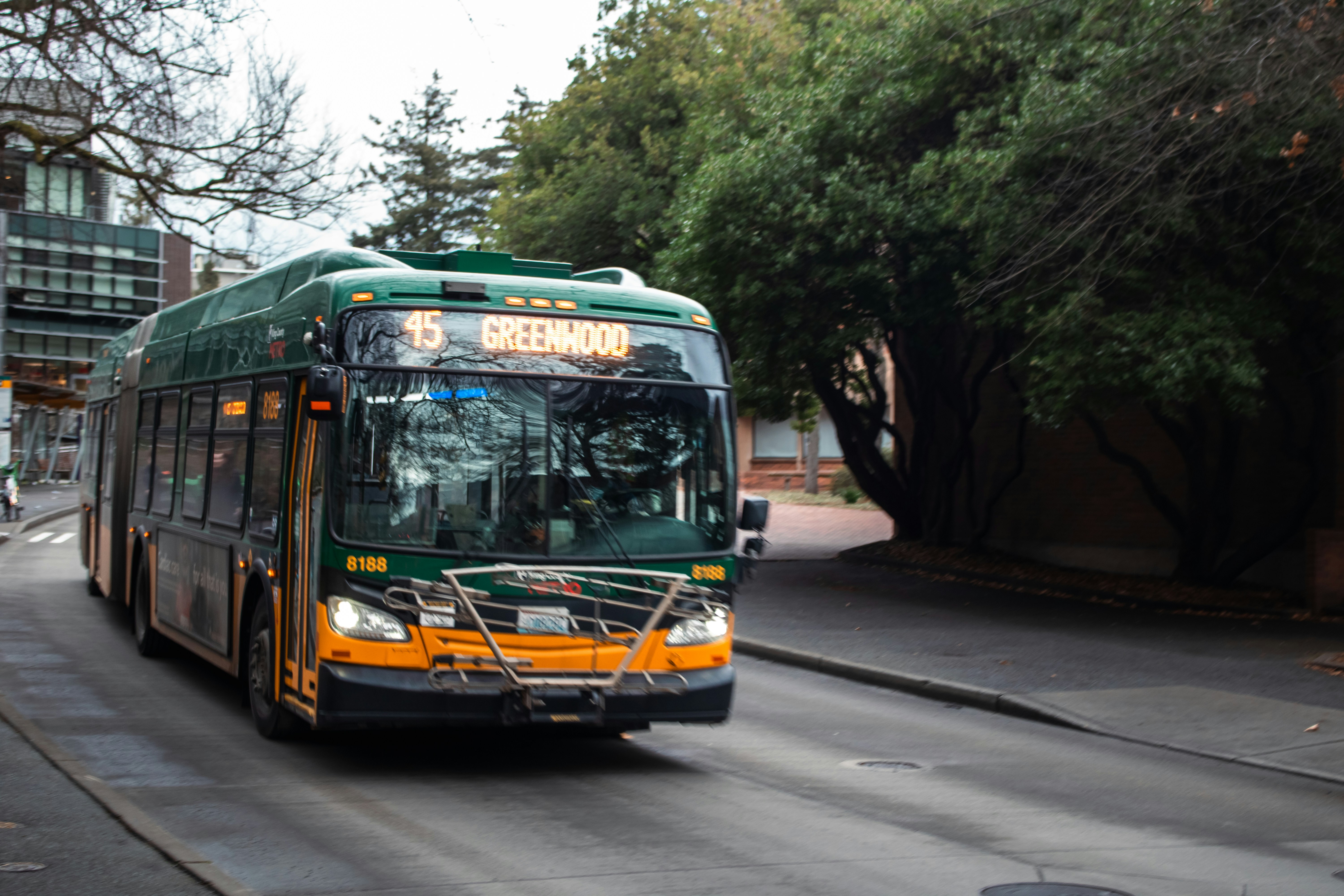 A green city bus travels down the road.