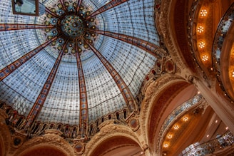 Beautiful stained-glass ceiling in an ornate building.